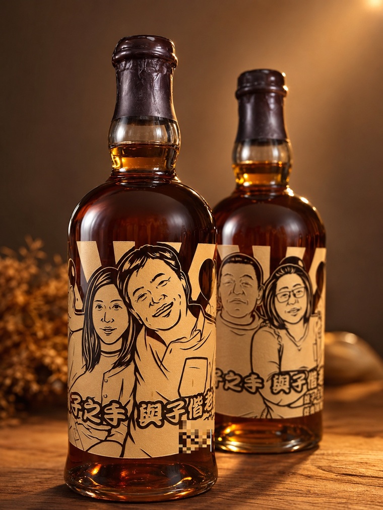 百富威士忌手繪人像酒瓶雕刻作品,搭配姓名、生日日期與祝福文字