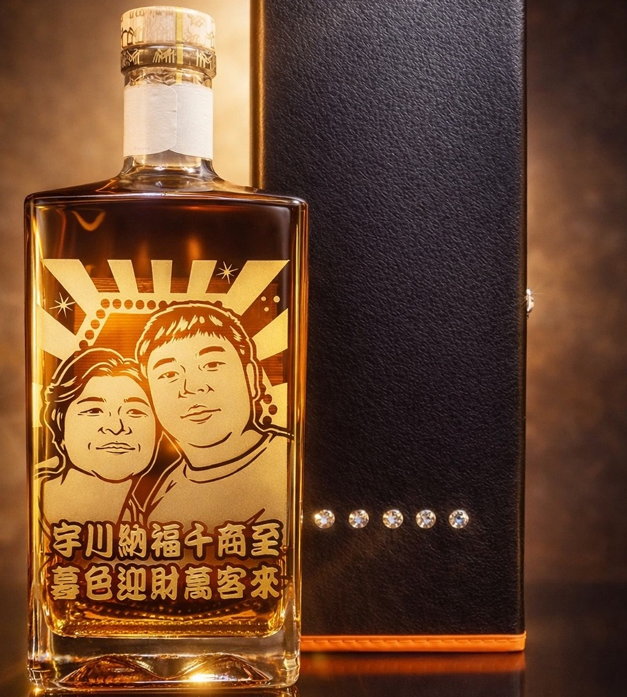 慕赫12年客製化酒瓶雕刻作品，適合家庭紀念、退休紀念與節慶禮物。