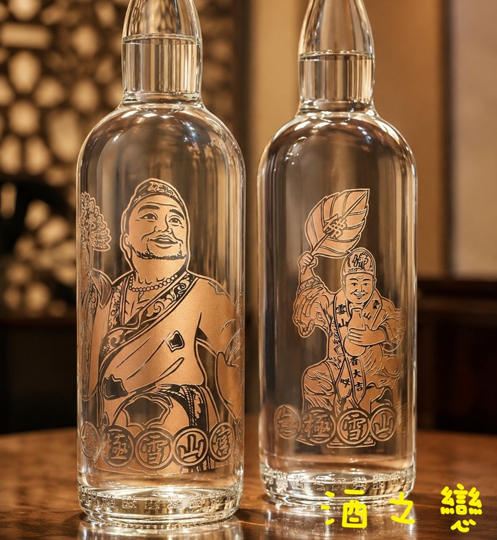 濟公禪師神像酒瓶雕刻作品,以神像圖案搭配紀念文字製作宮廟客製化雕刻酒