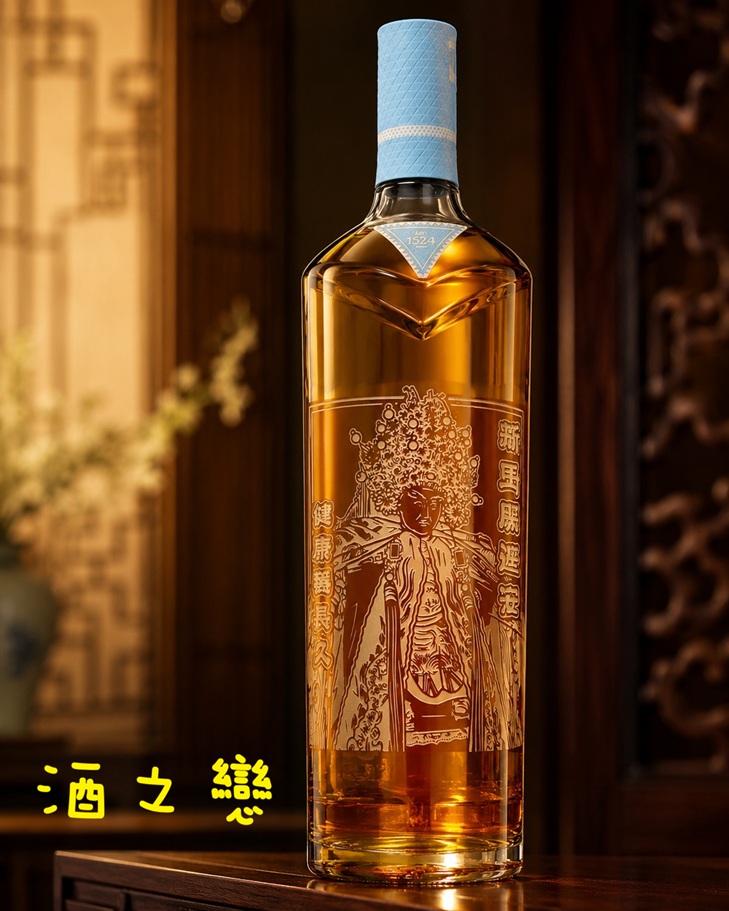 王爺神像酒瓶雕刻作品,結合神尊圖案、宮廟名稱與紀念文字的客製化酒瓶設計